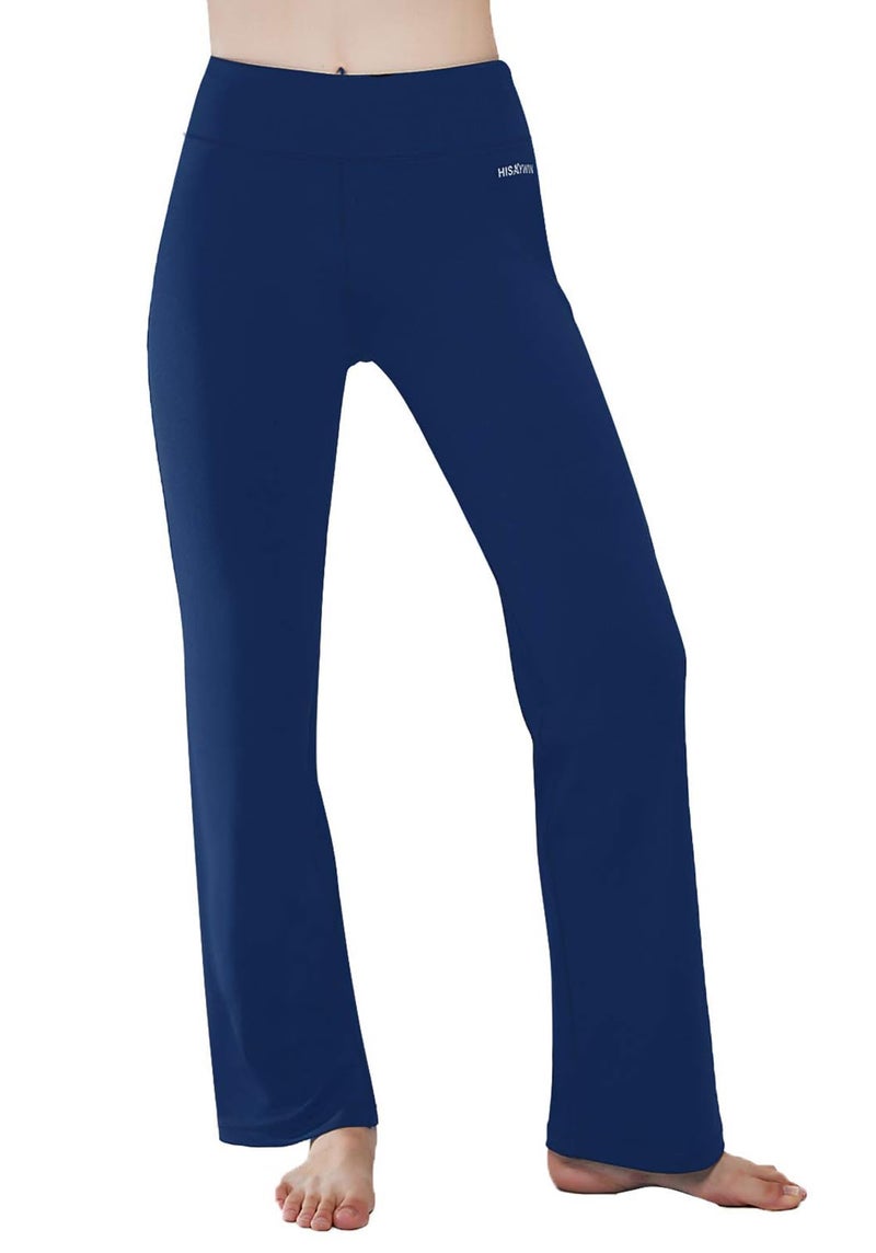 HISKYWIN Inner Pocket Yoga Pants 4 Way Stretch Tummy Control Workout Running Pants, Long Bootleg Flare Pants HF2-Indigo Blue-XXL - Image 2